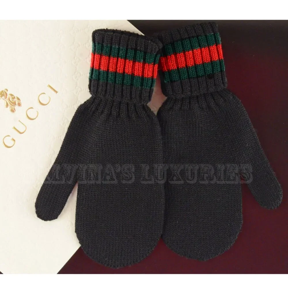 GUCCI GOLVES MITTENS KNIT BLACK WOOL SIGNATURE WEB Toddler's Kid's 269522 sz S